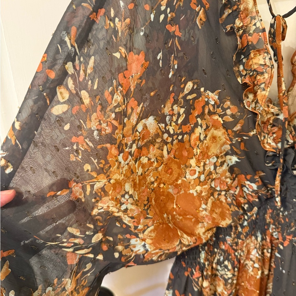 lovestitch Black Floral Long Sleeve Maxi Dress with Rust Accents - Picture 5 of 8
